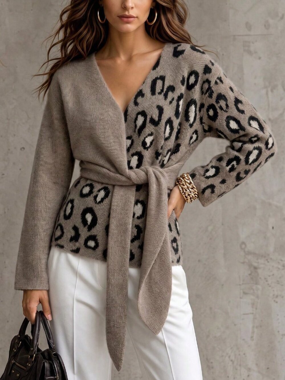 Casual Women's Leopard Print Knit V-Neck Tie Waist Long Sleeve Sweater - Picture 6 of 6